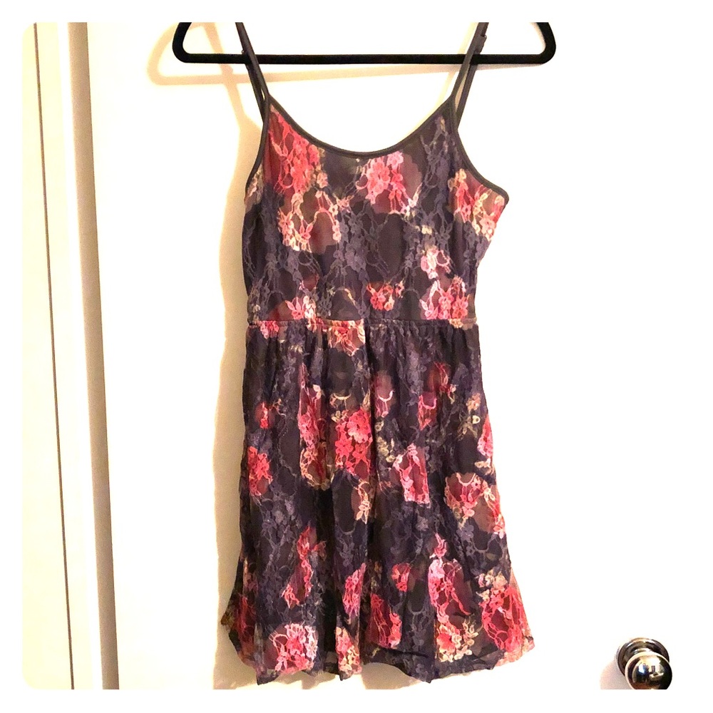 Floral mini dress with lace overlay